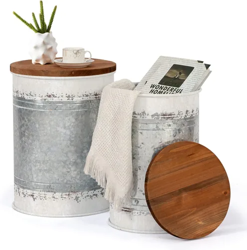 Miniatura 9 de Poofzy Juego de 2 mesas auxiliares de granja, mesa auxiliar de metal galvanizado con tapa de madera, mesa auxiliar de almacenamiento para sala