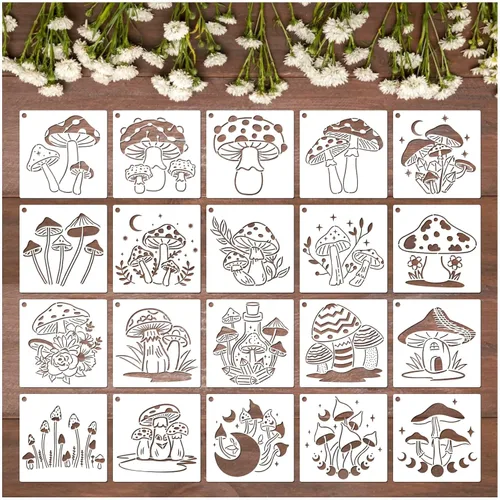 Miniatura 8 de 20 piezas de plantillas de hongos, plantillas reutilizables de hongos de estilo bohemio, luna y flores para pintar en madera, lienzo, azulejos