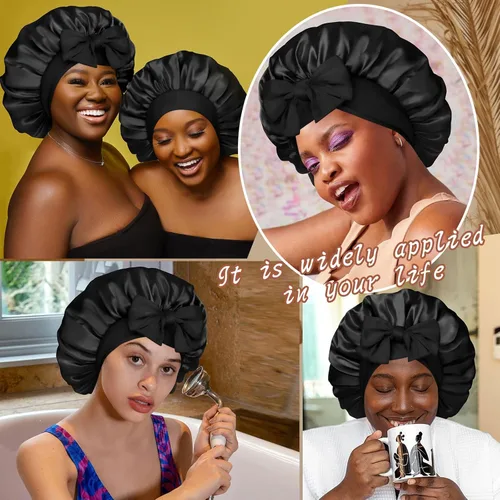 Miniatura 7 de Gorro de satén de seda para dormir, gorro de seda de doble capa con banda elástica para cabello rizado Negro + rojo