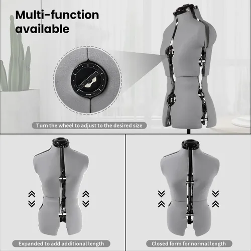 Miniatura 3 de maniquí ajustable con forma de vestido para costura, talla 6-14 para mujer, gris, con 13 diales y ruedas desmontables, modelo de cuerpo