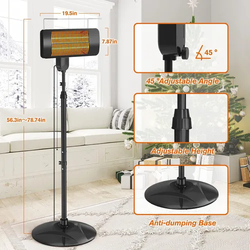 Miniatura 5 de Calentadores al aire libre para patio, 1500 W, 3 modos de calor y temporizador de 12H, calentador eléctrico impermeable IP54 con altura ajustable
