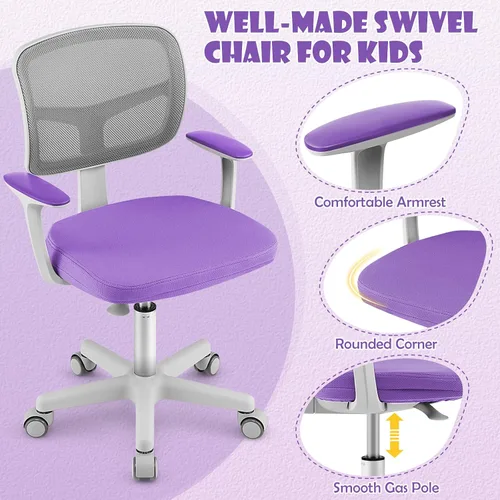 Miniatura 8 de GLACER Silla de escritorio para niños, silla de estudio giratoria de malla ajustable con ruedas, brazos, silla ergonómica para computadora