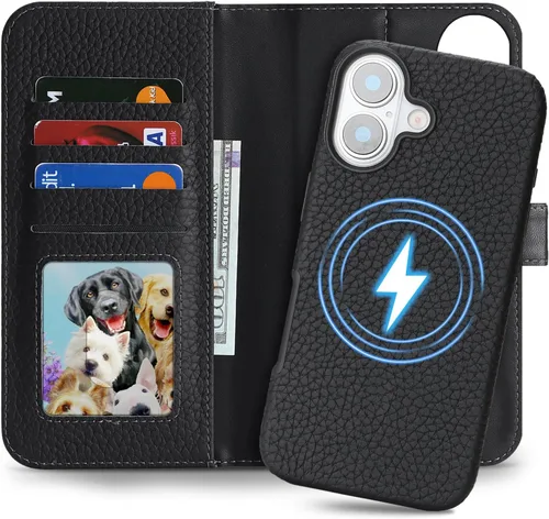 Miniatura 28 de Funda desmontable de piel auténtica para iPhone 13/14, funda magnética 2 en 1 extraíble, soporte de carga MagSafe, función de soporte para tarjetas