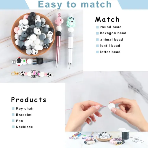 Miniatura 6 de Sunrony 70 cuentas de silicona para hacer collares, cuentas redondas de silicona a granel de 0.591 in para bolígrafos (blanco)