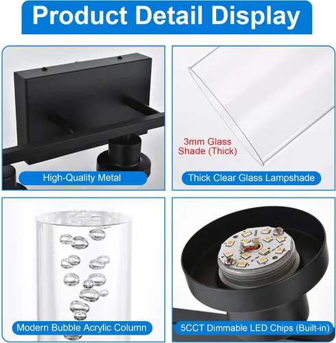Miniatura 5 de MELUCEE Lámparas de tocador de baño, 3 luces LED sobre espejo, 3000 K-6000 K, moderna luz negra para baño con pantalla de cristal de burbujas, chips