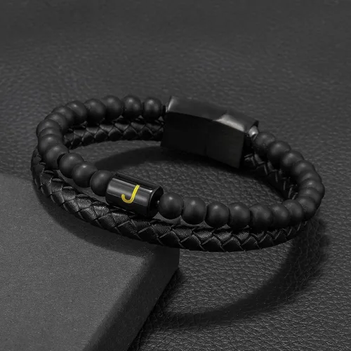 Miniatura 5 de Layered Leather Beads Initial Bracelets for Men, Braided Leather Natural Stone Bracelets for Men with Magnetic Clasp Mens Leather Beaded Bracelets