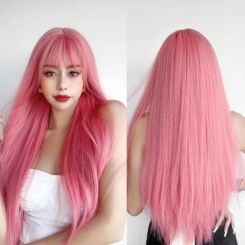 Miniatura 13 de 7JHH WIGS - Peluca de cabello sintético largo y liso con flequillo para mujer, aspecto natural (22 pulgadas, té negro)