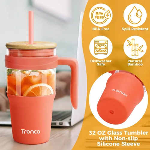 Miniatura 5 de Tronco Vaso de vidrio de 32 onzas con asa, popote y tapa de bambú, cabe en el soporte para tazas, taza de batido de café helado, sin BPA, apto