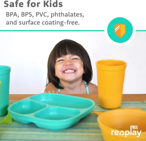 Re-Play Juego de vajilla para niños pequeños, 3 platos divididos con 3 juegos de tenedores y cucharas, vajilla para niños sin BPA, apto para