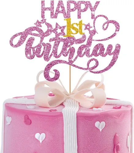 Decoración para pastel de primer cumpleaños con purpurina rosa, 1 pieza, 6.3 x 3.5 pulgadas, decoración de postres, fiesta de cumpleaños, rosa con