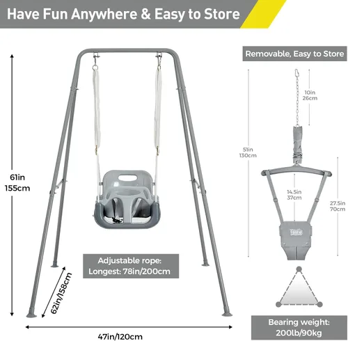 Miniatura 2 de FUNLIO Juego de columpio 2 en 1 para niños pequeños y bebés, columpio y hamaca resistente para niños con 4 bolsas de arena, soporte metálico Gris