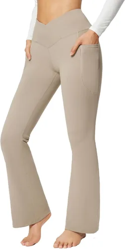 BALEAF Leggings acampanados para mujer, pantalones de yoga cruzados a la moda, cintura alta, casuales, con bolsillos