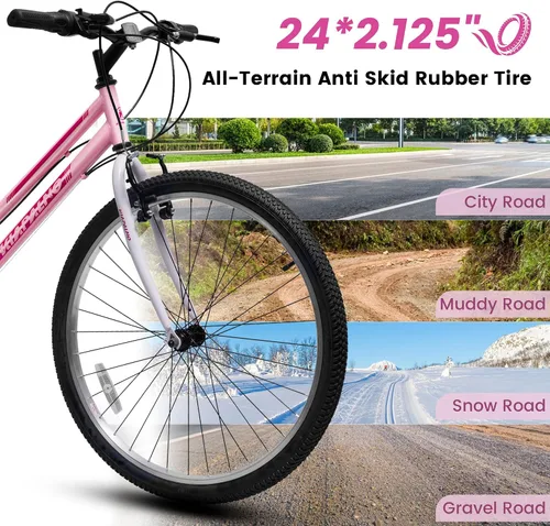 Miniatura 3 de Ecarpat Bicicleta de montaña para niñas y mujeres, 24/26 pulgadas, 21 velocidades, regalos de viaje de verano, bicicletas de freno en V femenino
