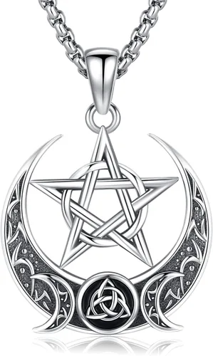Miniatura 76 de Collar de pentagrama de plata de ley con triple luna, diosa celta, nudo celta, nudo de brujas, Ankh, sol y luna, Hécate, lilith, Santa Muerte