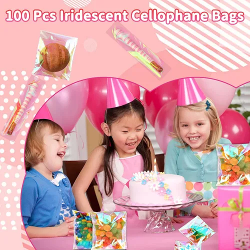 Miniatura 2 de SUREHOME Bolsas para galletas con sellado, 100 unidades, 5 x 6 pulgadas, holográficas, iridiscentes, autoadhesivas, bolsas de celofán con sellado
