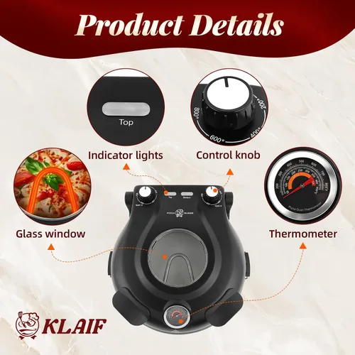 Miniatura 4 de KLAIF Horno eléctrico de pizza de 12 pulgadas para encimera con piedra de cerámica, controles de temperatura ajustables duales, incluye 4 Negro