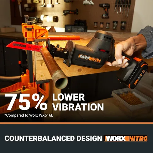 Miniatura 6 de WORX Sierra recíproca inalámbrica compacta de 20 V, longitud de carrera de 1 pulgada, motor sin escobillas para un 50% más de tiempo