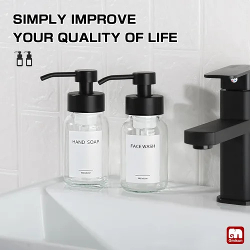 Miniatura 6 de GMISUN - Dispensador de jabón de espuma, paquete de 2 dispensadores de jabón de vidrio transparente de 8.5 fl oz / 8.5 fl oz para baño y cocina