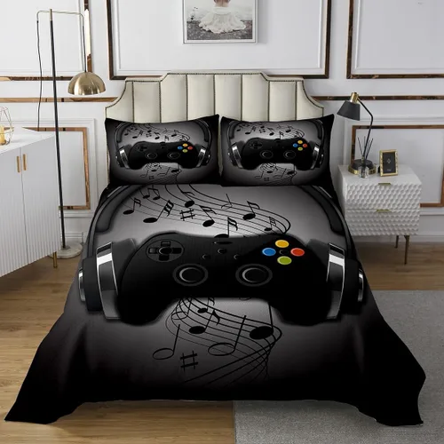 Miniatura 2 de Juego de ropa de cama de videojuegos con auriculares negros y grises con diseño de notas musicales con control de videojuegos para niños y niños