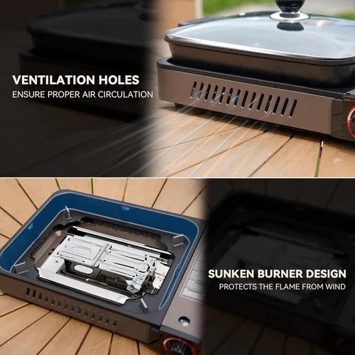 Miniatura 7 de Estufa portátil de gas propano con parrilla y tapa, estufa de camping de butano con encendido instantáneo para patio, cocina en el hogar, camping
