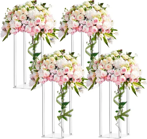 Geetery Jarrón acrílico alto de 4 piezas para centros de mesa de boda, soporte de flores transparentes, columna geométrica floral, elegante soporte
