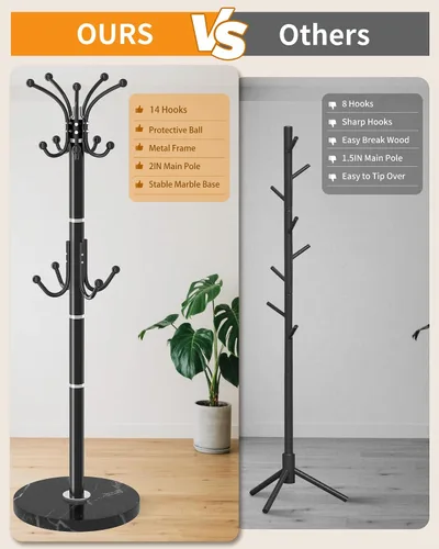 Miniatura 5 de Soporte Moderno para Abrigeros, Perchero Giratorio de 360° de Metal Independiente con Base de Mármol Natural, Perchero de Abrigos Negro y Árbol