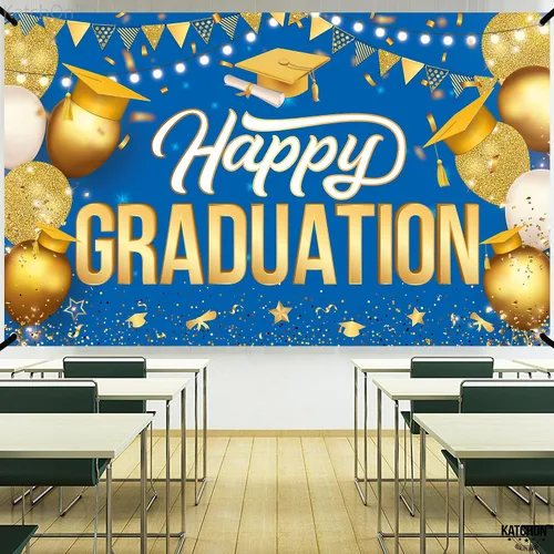 Miniatura 7 de Katchon, Cartel de feliz graduación dorado y azul – Xtralarge, 72 x 44 pulgadas Fondo de graduación 2026, decoraciones de graduación clase de 2026