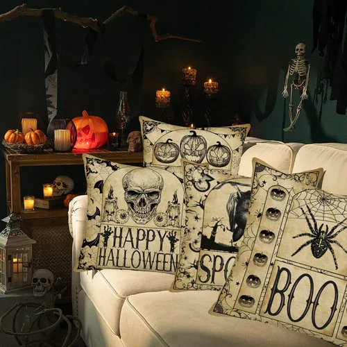 Miniatura 3 de Juego de 4 fundas de almohada de 16 x 16 pulgadas con texto en inglés «Happy Halloween» de Halloween con diseño de calabaza espeluznante y B Vintage