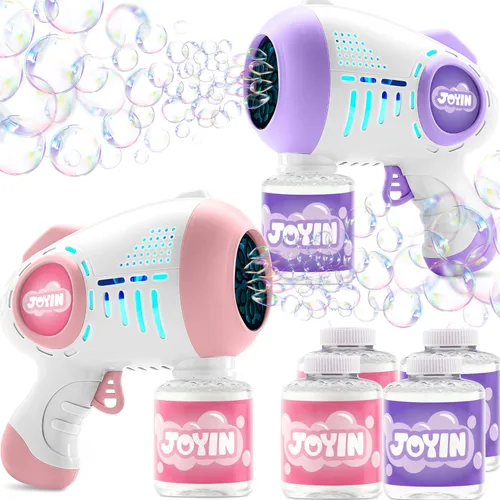 Miniatura 9 de Joyin - 2 pistolas de burbujas para niños con 4 botellas de solución, máquina automática de burbujas con 8 agujeros para niños, adultos, juguetes