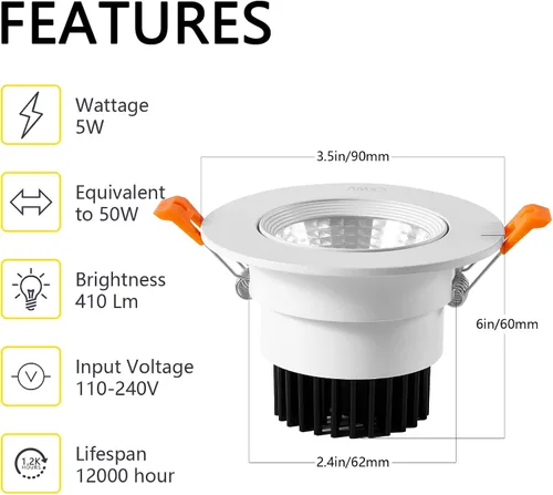 Miniatura 2 de Lámpara empotrable LED de 3 pulgadas, lámpara de techo COB de 5 W con controlador, 3000 K/4000 K/6000 K, CRI92, 410 lm, accesorio de iluminación