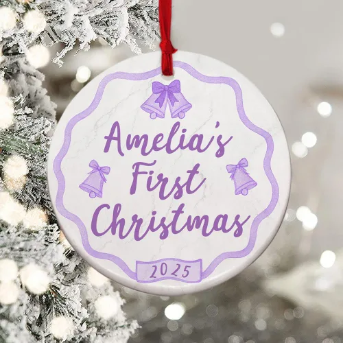 Miniatura 2 de Adorno personalizado de cerámica para la primera Navidad del bebé 2025 – Recuerdo navideño de copo de nieve personalizado con nombre, nuevo adorno
