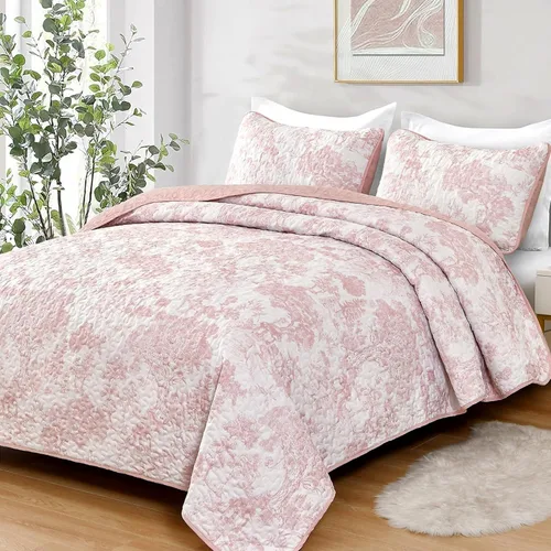 Miniatura 8 de WONGS BEDDING Juego de edredón botánico tamaño Queen, negro, 3 piezas, colcha con estampado floral de plantas Toile, juego de ropa de cama
