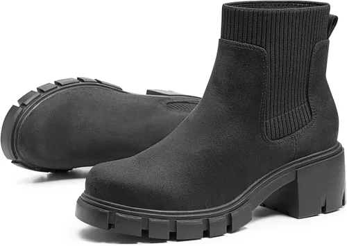 Miniatura 8 de FITORY Botas Chelsea para mujer, botines de tobillo elásticos con tacón medio grueso y suela con tacos, zapatos cómodos y modernos sin cordones