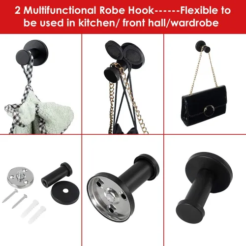 Miniatura 8 de Ganchos para toallas de baño, paquete de 6 ganchos redondos para abrigos, gancho resistente para bata montado en la pared, colgador de ropa Negro
