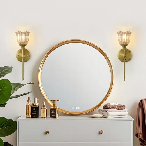 Miniatura 4 de Juego de 2 apliques de pared modernos con pantalla de cristal de flor ámbar, accesorios de luz de pared de tocador de baño de mediados de siglo