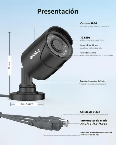 Miniatura 7 de ANNKE Cámara de seguridad de 1080p, cámara CCTV 4 en 1 con cable, AHD/TVI/CVI/CVBS, cámara negra de vigilancia analógica para uso en exteriores