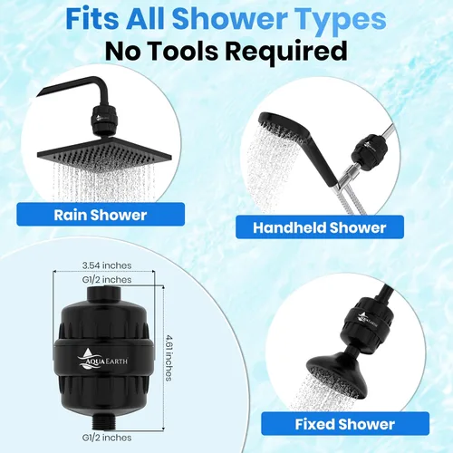 Miniatura 5 de Aqua Earth Filtro de cabezal de ducha para agua dura de 20 etapas para eliminar cloro fluoruro suavizante de agua carbón activado de cáscara de coco