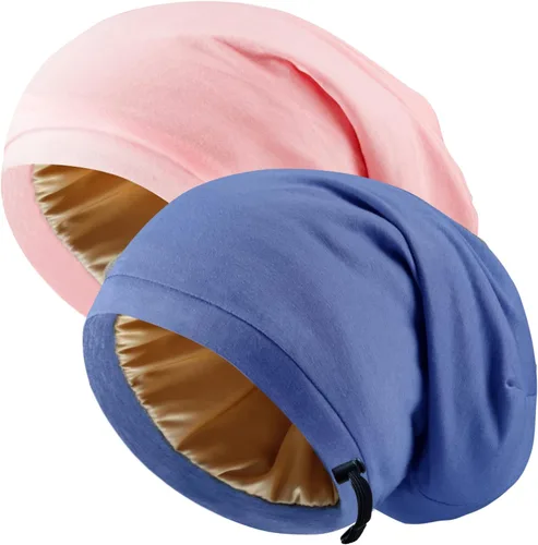 Miniatura 10 de 2 Pcs Adjustable Silk Hair Bonnet for Sleeping, Satin Lined Sleep Cap for Women and Men, Silk Hair Wrap Slouch Beanie.