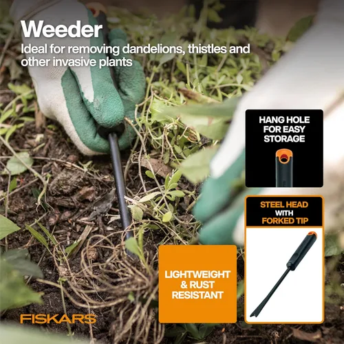 Miniatura 4 de Fiskars Juego de herramientas de jardín de verduras con tijeras de verduras, sembrador de semillas, paleta, cultivador, desbrozadora y guantes