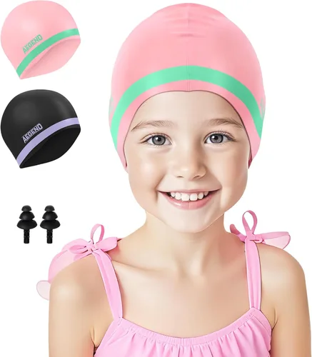 Miniatura 16 de Aegend Paquete de 2 gorros de natación para niñas y niños de 3 a 15 años, gorro de natación impermeable para niños, de silicona duradera