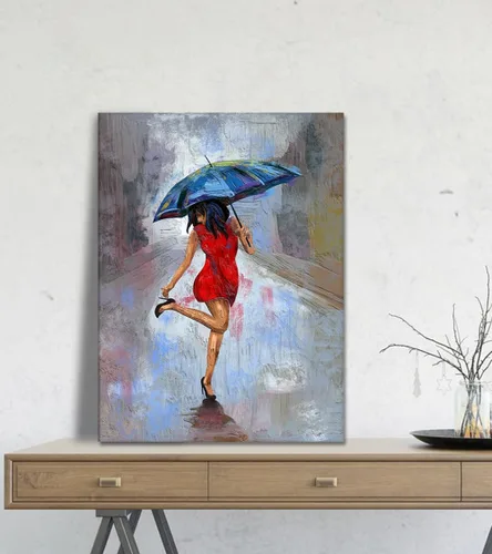 Miniatura 2 de Lienzo abstracto moderno para pared, póster de niña en vestido rojo caminando con paraguas azul, obra de arte para la decoración de pared
