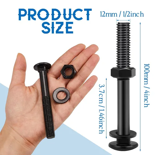 Miniatura 2 de Zonon Juego de 12 pernos de carro de 1/2 x 4 pulgadas, negro galvanizado, incluye arandelas resistentes a la corrosión y tuercas para accesorios
