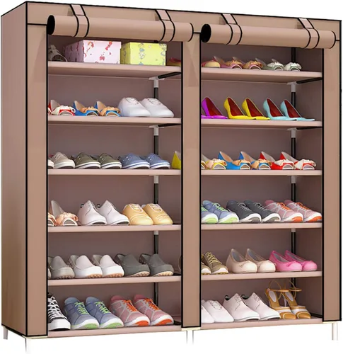 Miniatura 12 de Zapatero de 2 filas de metal, cubierta de tela multicapa a prueba de polvo, organizador de almacenamiento para dormitorio, sala de estar, puerta