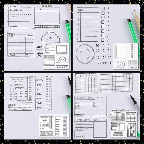 Miniatura 5 de Zonon 18 Piezas Sellos de Diario Sellos Transparentes para Diario, 4 Hojas Plantillas de Planificador de Calendario de Silicona para Bullet Journal