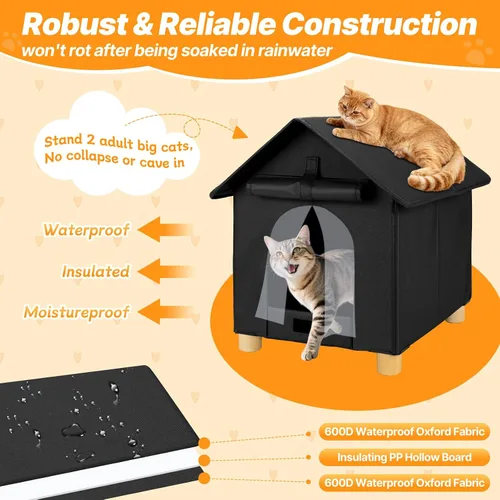 Miniatura 4 de FHTONGE Casa elevada para gatos al aire libre con alfombrilla lavable, refugio resistente a la intemperie para gatos con 2 salidas, perrera aislada