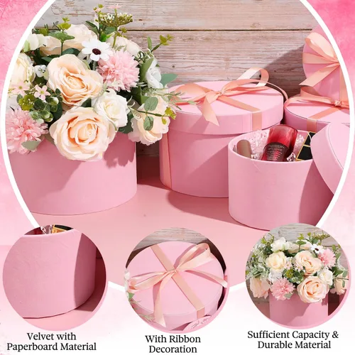 Miniatura 2 de Tenceur 8 cajas de regalo redondas con tapas, cintas para arreglos, 4 tamaños surtidos, cajas de regalo de terciopelo para flores, regalos, bodas