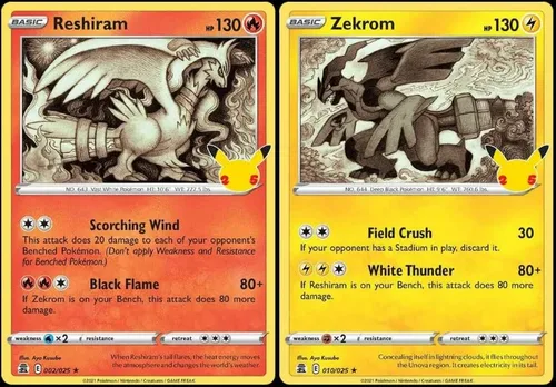 Zekrom & Reshiram - Lote de cartas de celebración de Pokémon - Lámina holográfica legendaria - 002/025 y 010/030