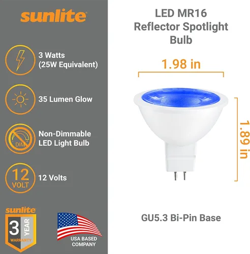 Miniatura 2 de Sunlite Foco reflector LED MR16 80856, 35 lúmenes, 3 vatios (ecualizador de bombilla halógena de 25 W) 12 V, base bi-pin GU5.3, no regulable, Azul