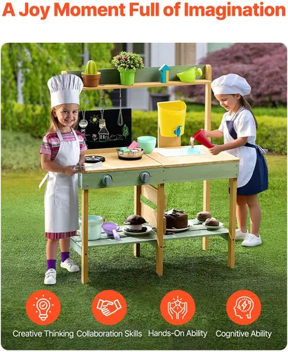 Miniatura 5 de VEVOR Cocina de juego de madera, cocina de barro al aire libre para niños, juego de cocina para niños pequeños, juego de cocina para niños