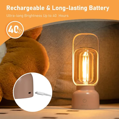 Miniatura 3 de Lámpara LED portátil retro, pequeña lámpara de mesa inalámbrica con interruptor táctil, luz nocturna regulable continua con puerto de carga USB